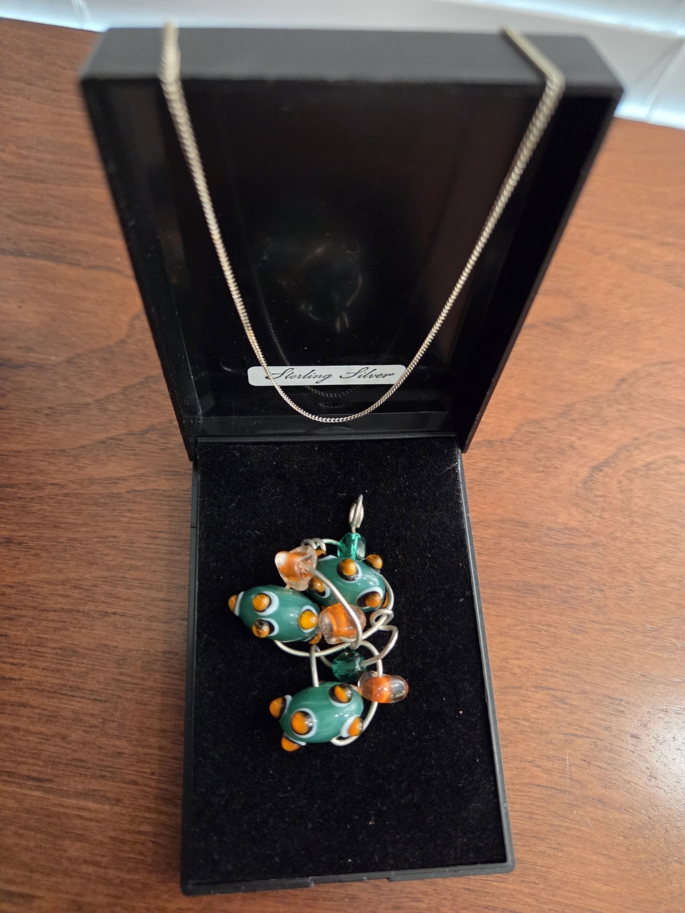 Sterling Silver Green and Orange Glass Bead Pendant Necklace